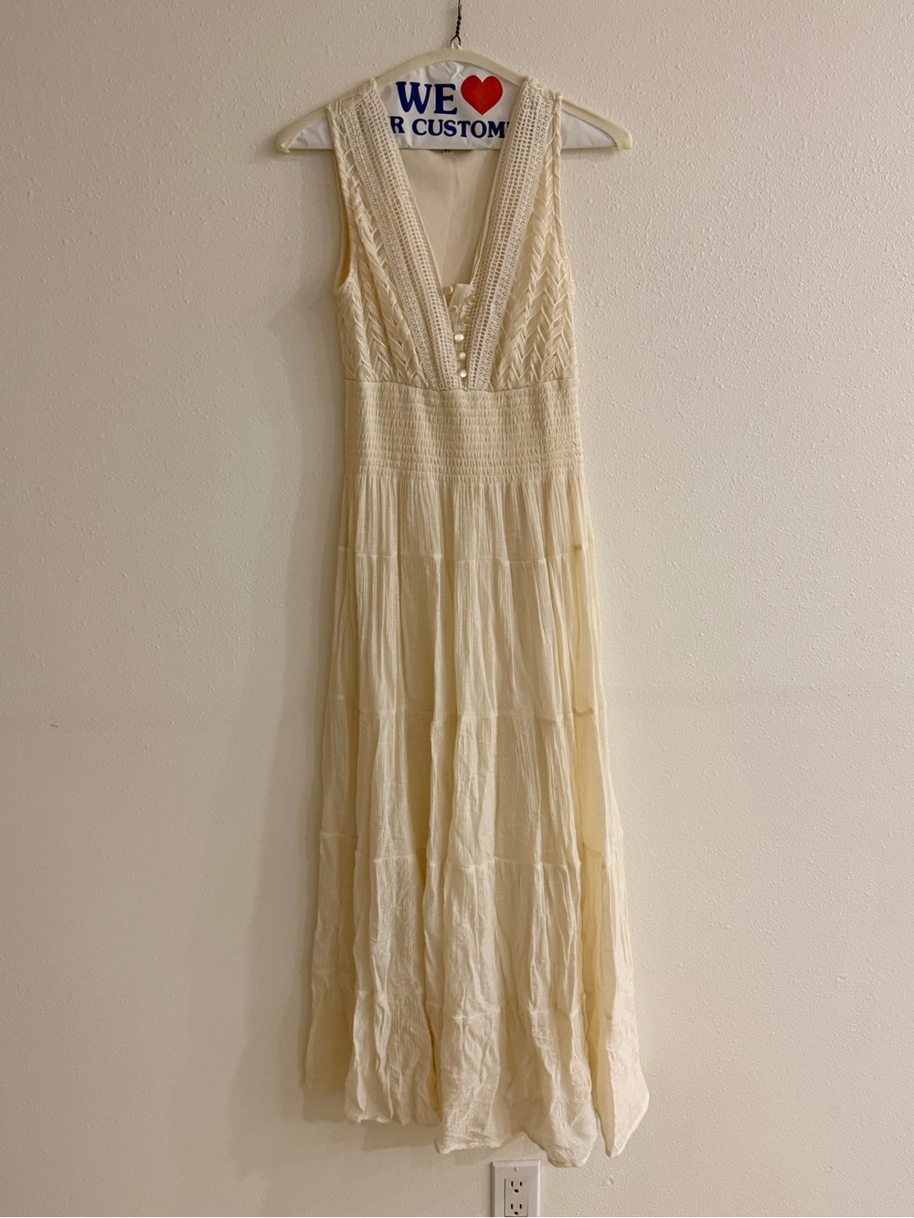 Sleeveless Cream Maxi Dress with V-Neck and Crochet Detail